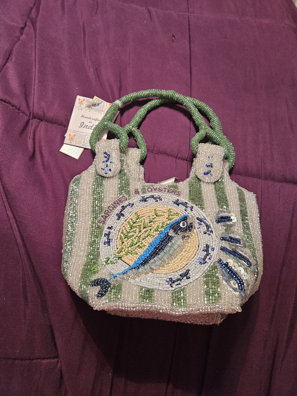 Handcrafted Beaded Fish Tote Bag in Green and Cream